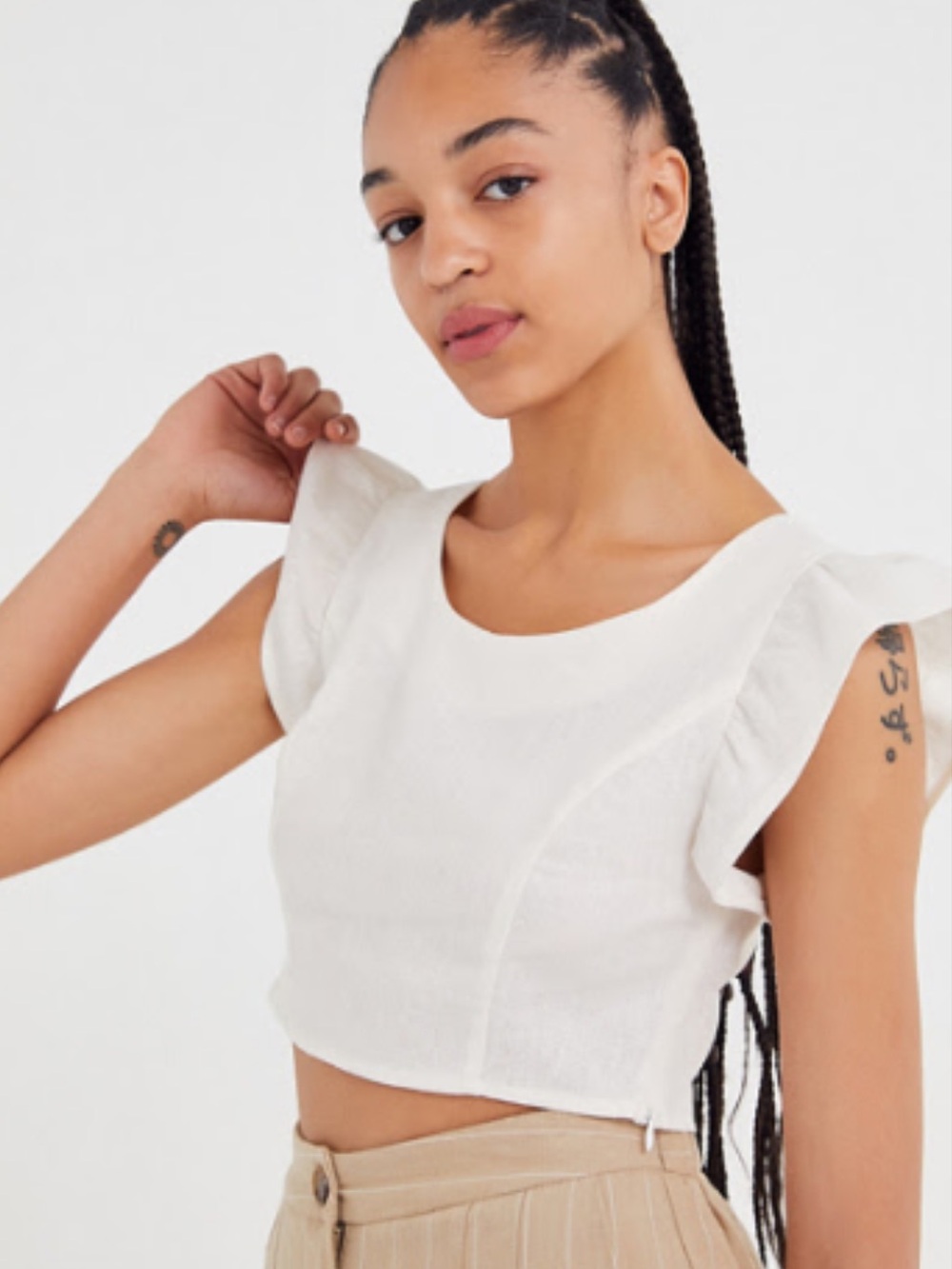 Urban Renewal Remnants Ruffle Sleeve Linen Cropped Top